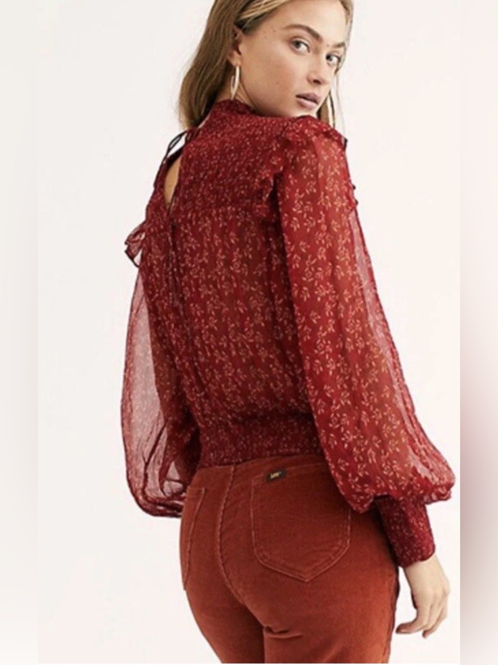 Free People Roma Blouse Berry Red Ruffle Floral Size XS Sheer Sleeve